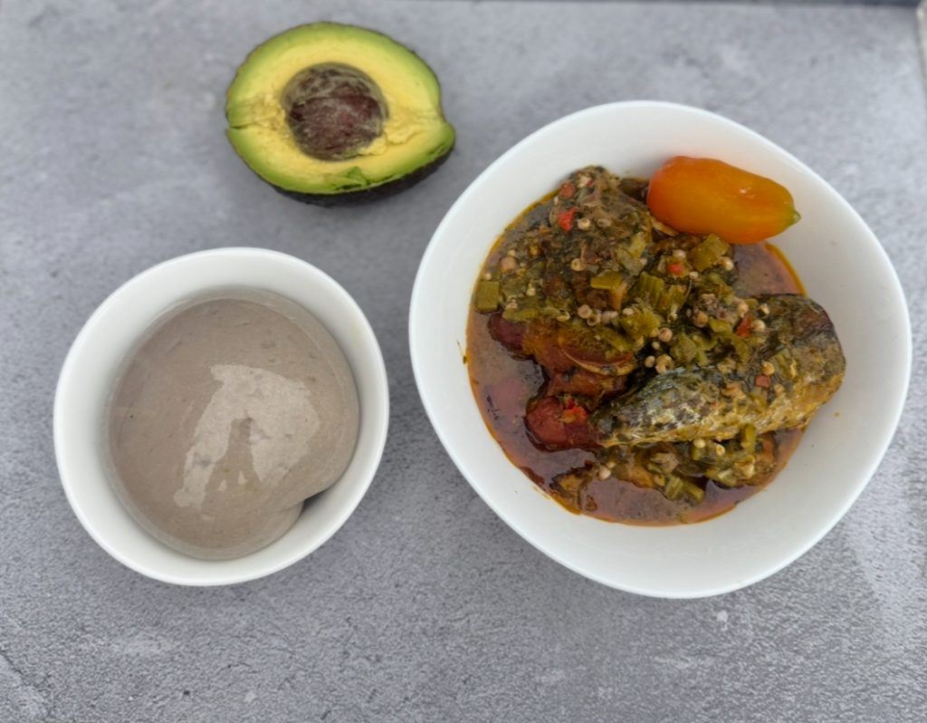 plated fufu with okra and avocado